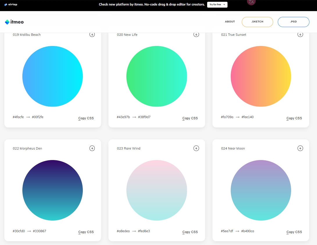 WebGradients,一个提供高颜值渐变颜色参考的网站。