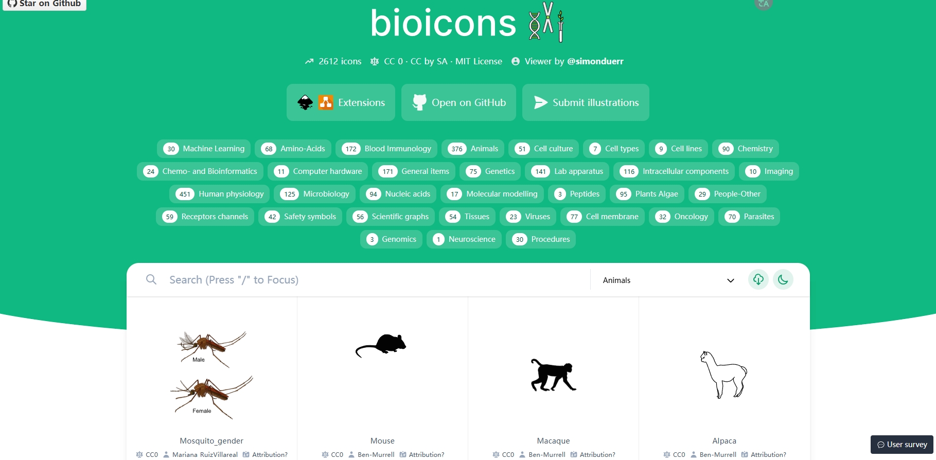 Bioicons,BioIcons 是一个提供生物学插图和图标资源的网站，以其高质量、多样性和免费使用的特点，成为科研绘图的得力助手。