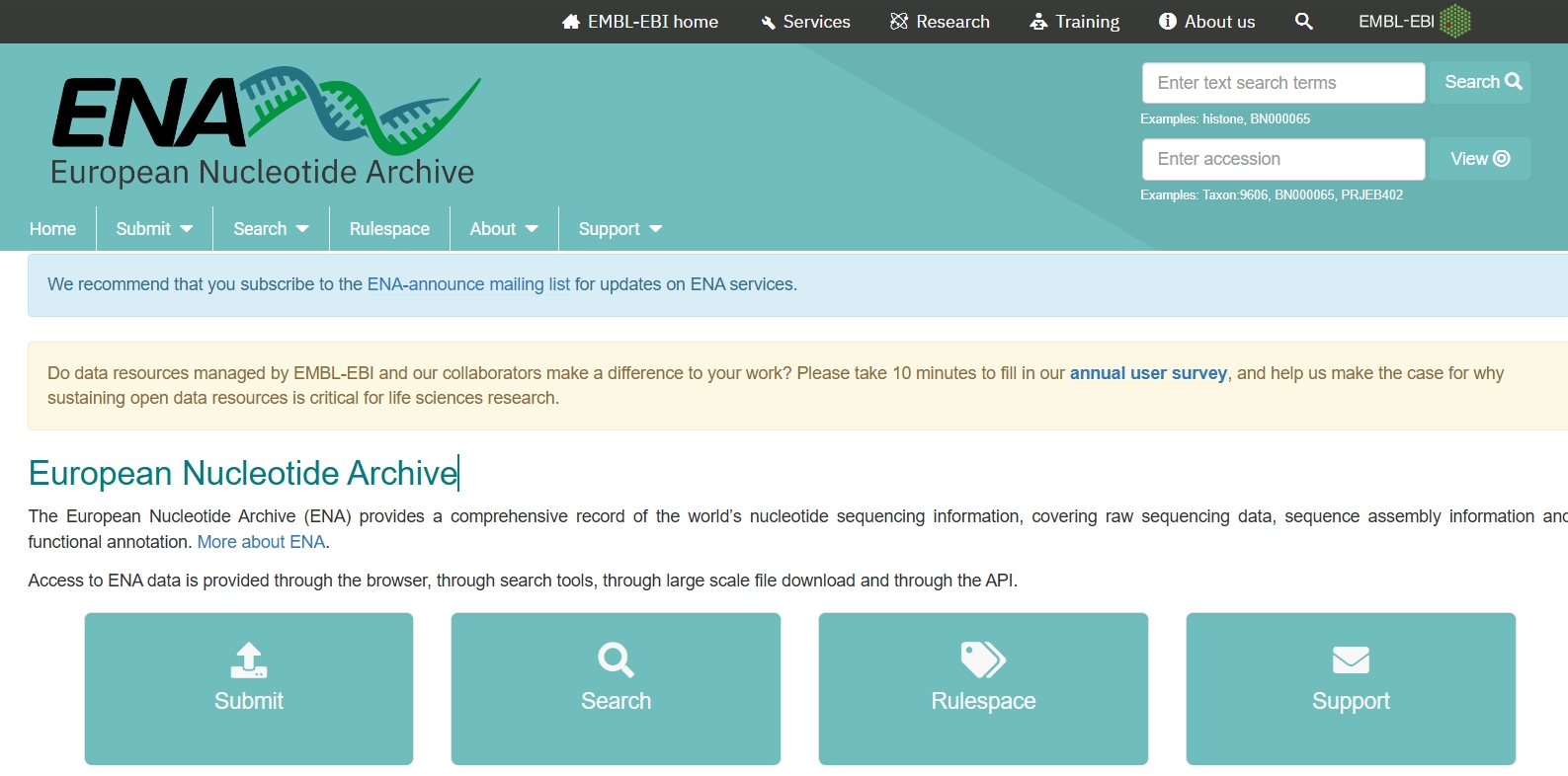 European Nucleotide Archive,欧洲核苷酸档案 （ENA） 提供了世界核苷酸测序信息的全面记录，涵盖原始测序数据、序列组装信息和功能注释。