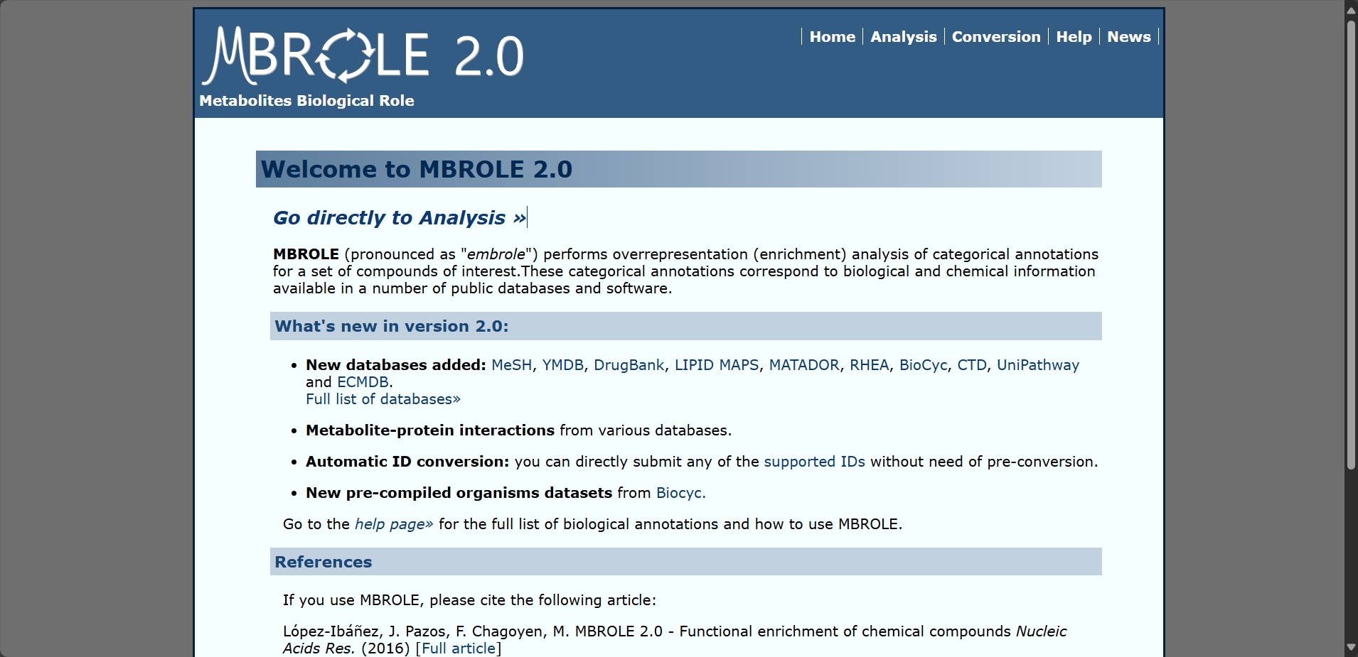 MBROLE 2.0,对一组感兴趣的化合物的分类注释执行过表示（富集）分析。这些分类注释对应于许多公共数据库和软件中可用的生物和化学信息。